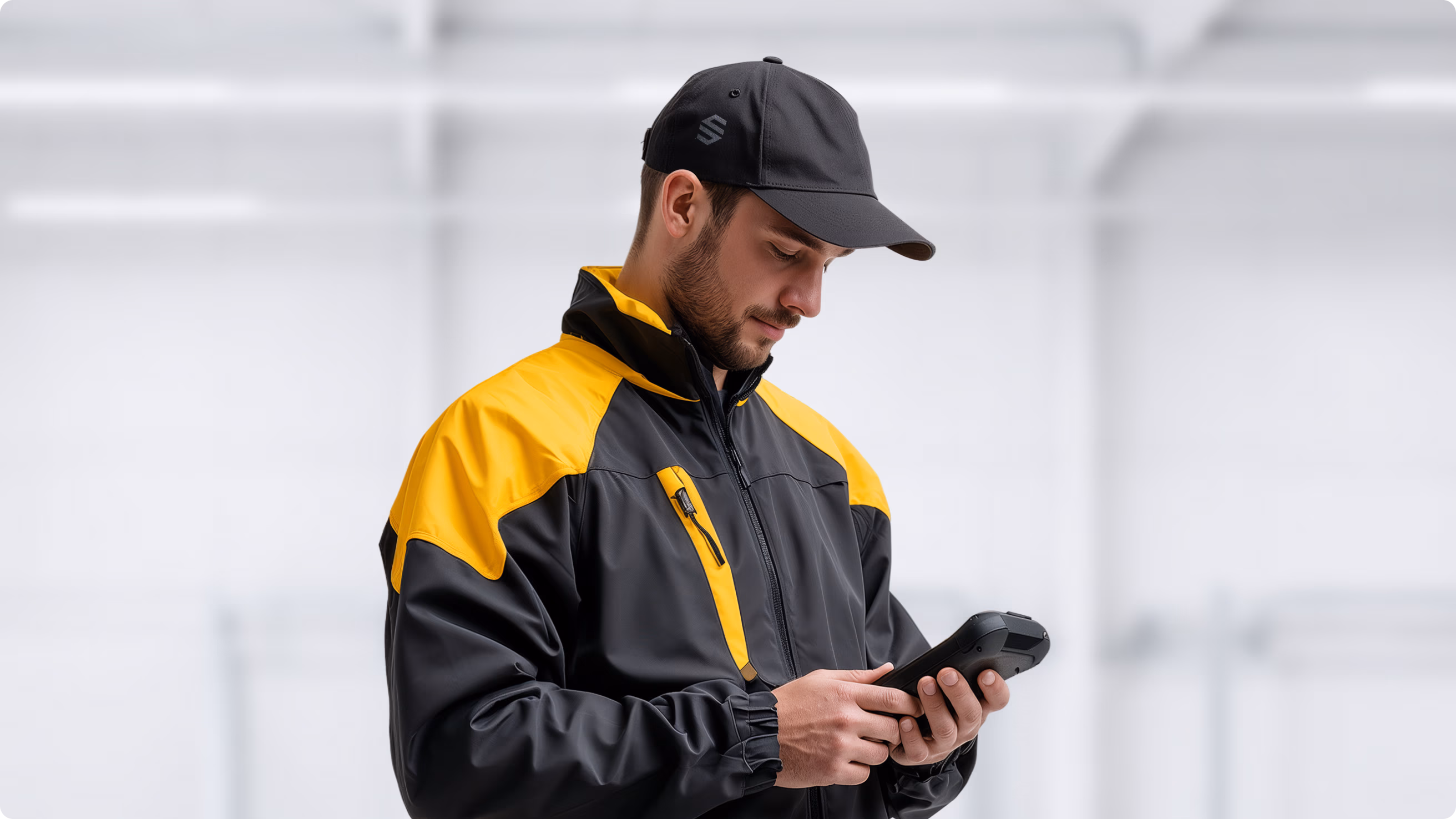 Warehouse worker in a hi-vis jacket using a handheld scanner