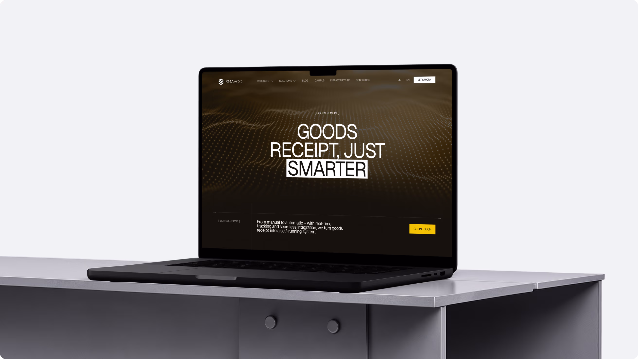 SMAVOO Goods Receipt solution page on a laptop designed by Halo Lab