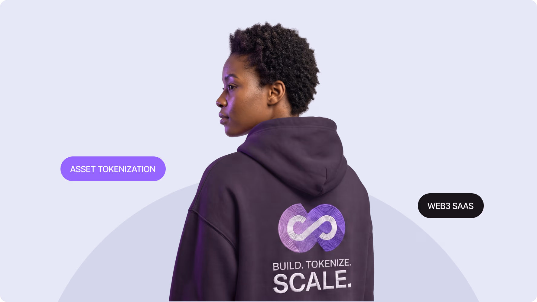 Person in a Chainstarters branded hoodie with asset tokenization and Web3 SaaS tags