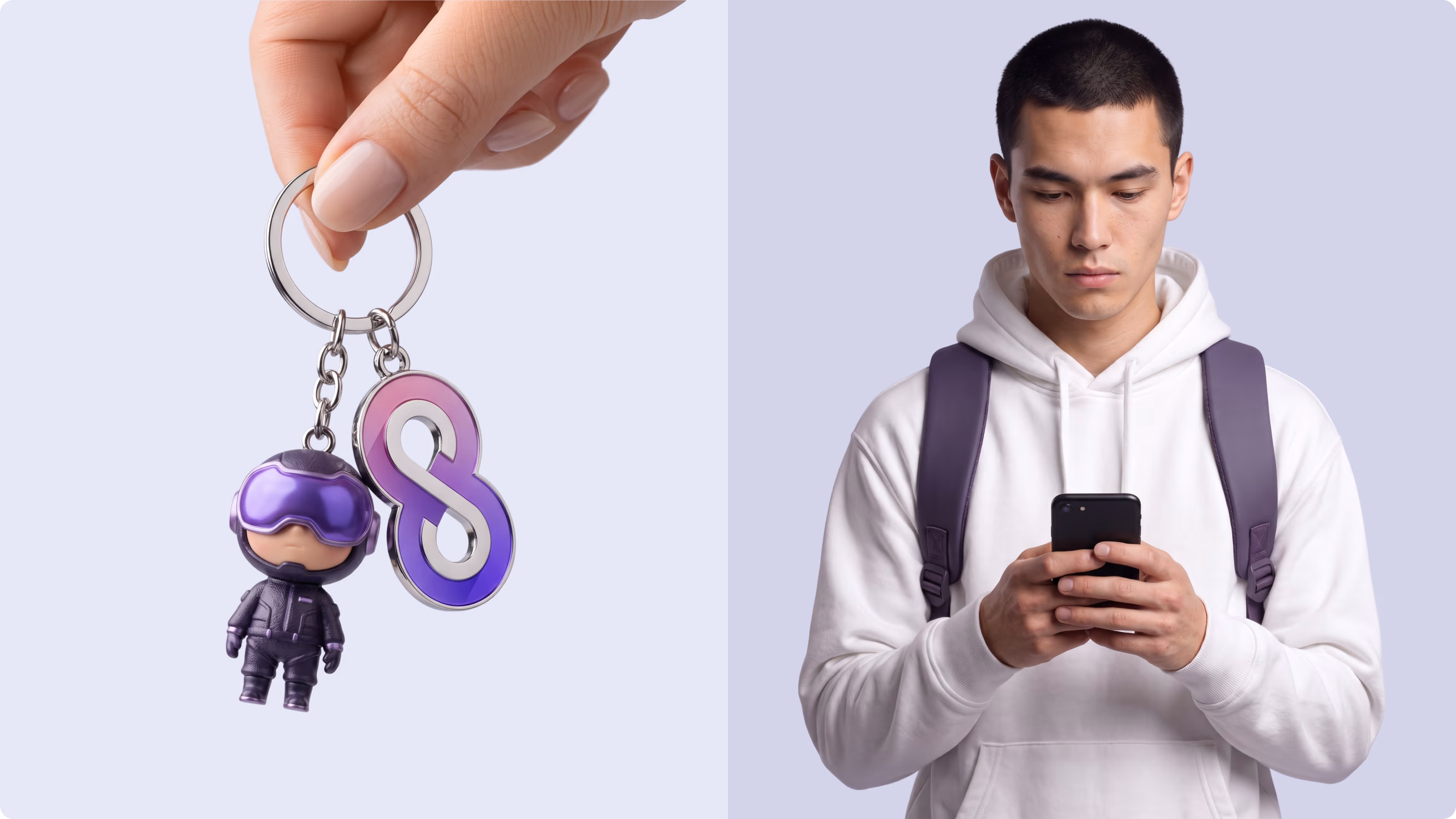 Chainstarters branded keychain next to a man using the platform on his phone