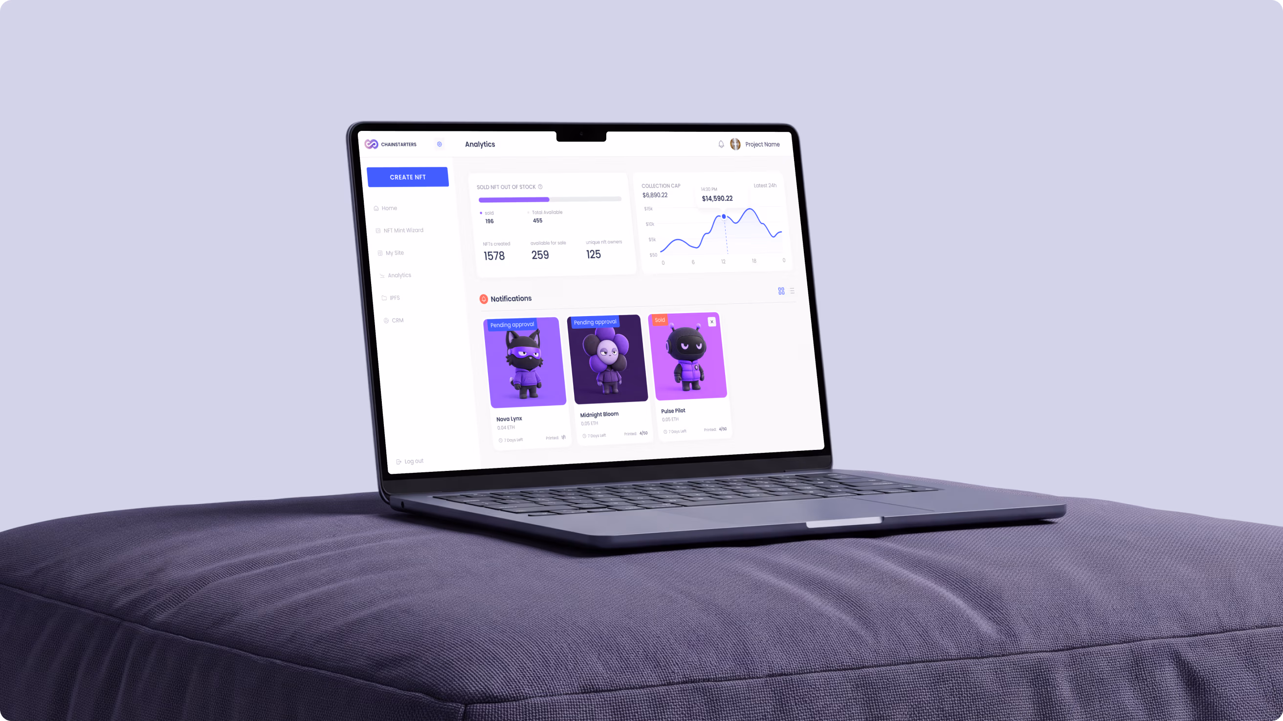 Chainstarters NFT dashboard on a laptop