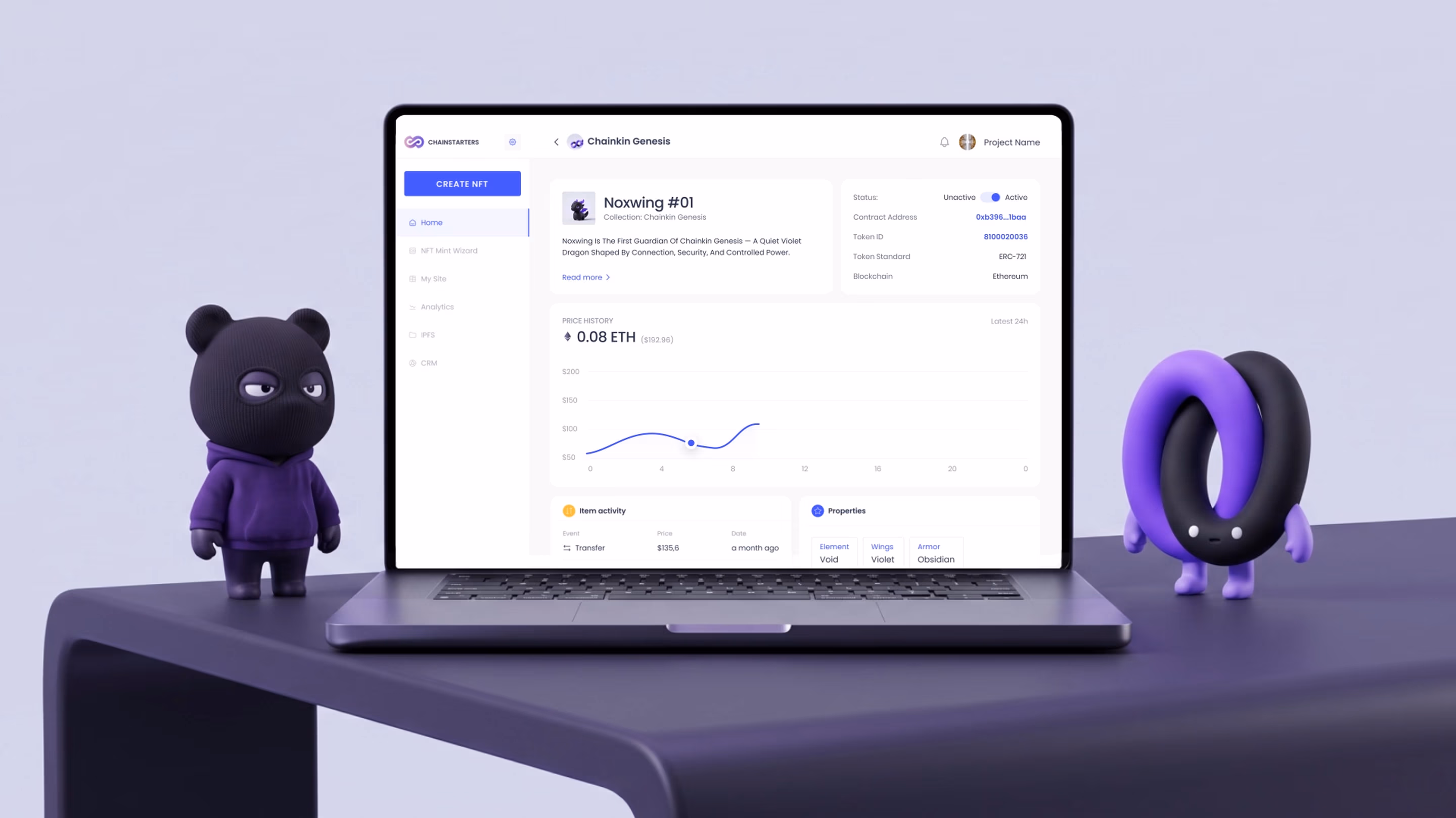 Chainstarters NFT dashboard on a laptop between two 3D brand figures