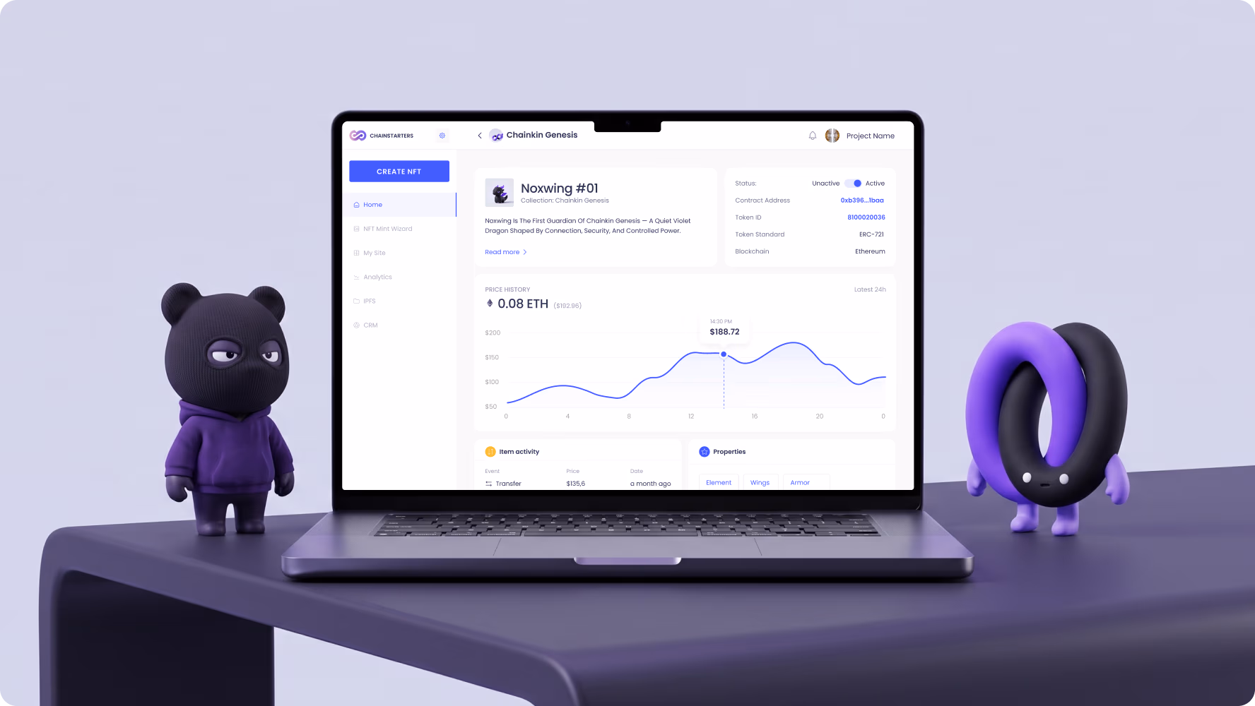 Chainstarters NFT dashboard with analytics on a laptop between 3D brand figures