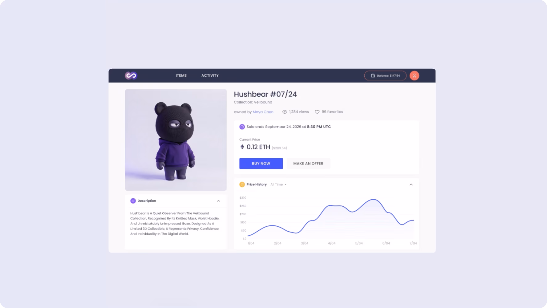 Chainstarters NFT item page with price history and properties
