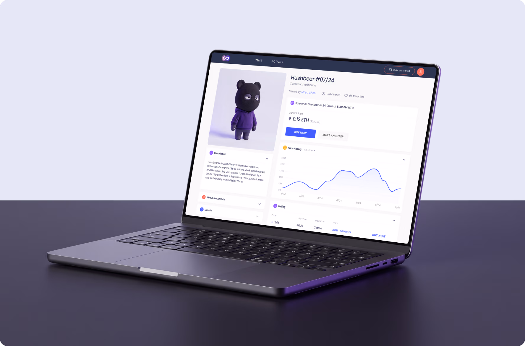 Chainstarters NFT dashboard on a laptop designed by Halo Lab