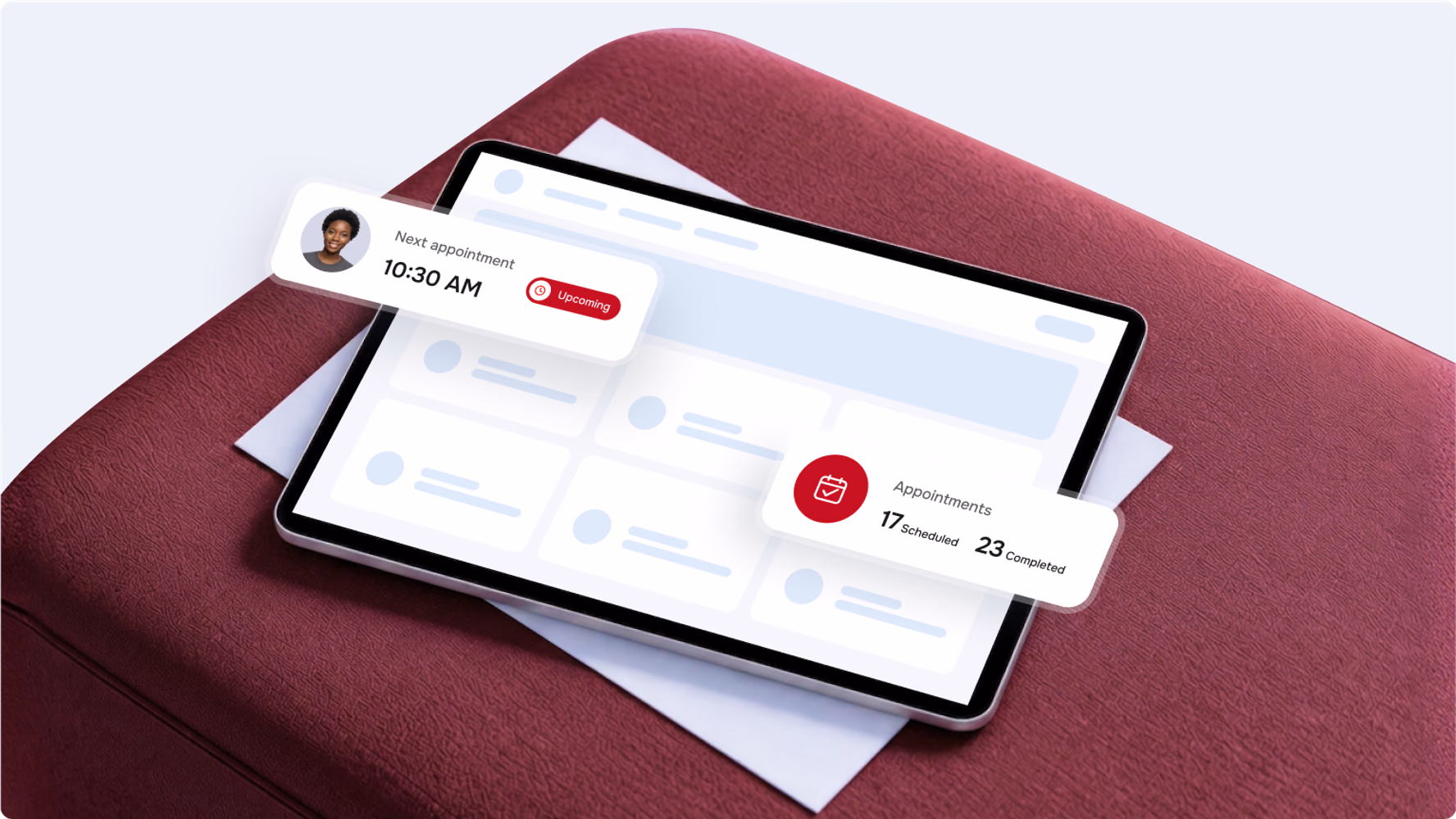 RedPath tablet app showing the next appointment and appointment stats