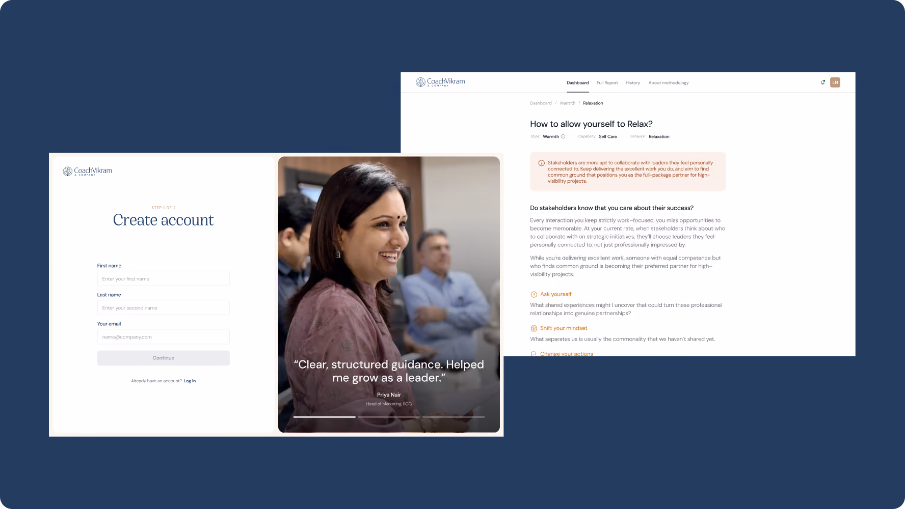 Executive presence platform interface with cards and lists