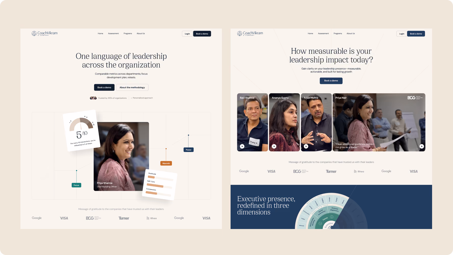 Two homepage concepts for the CoachVikram & Company website