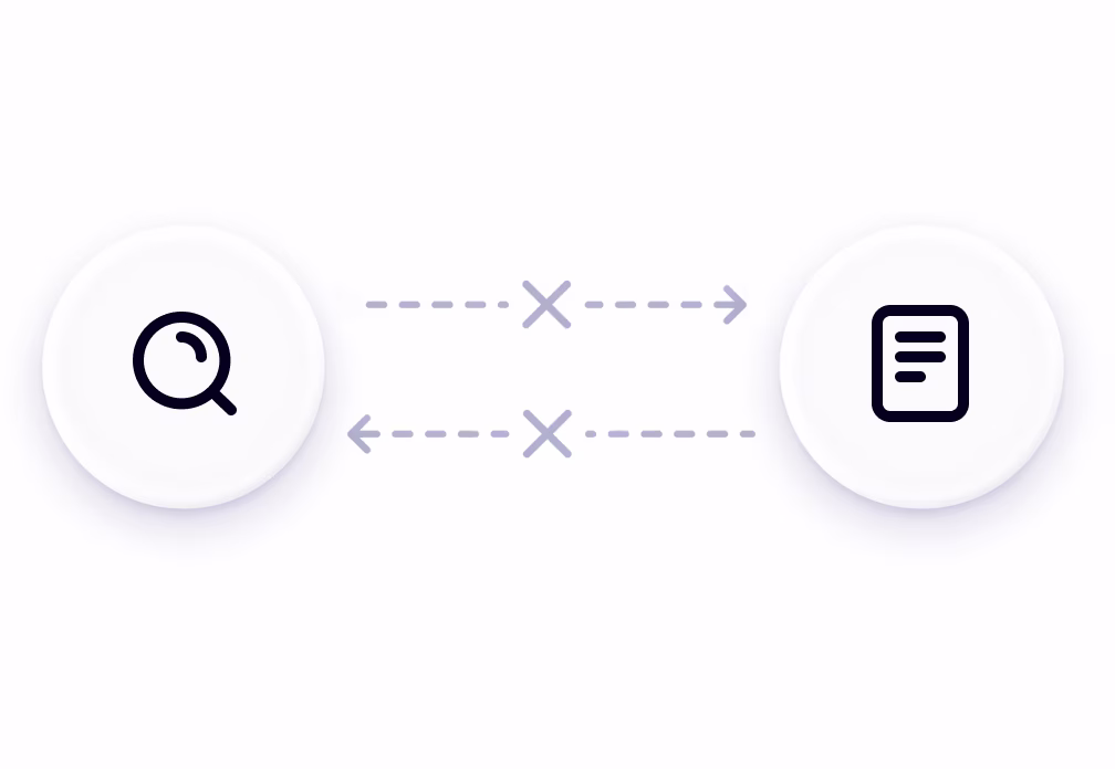 Search and datasheet icons linked by crossed arrows, showing a broken connection