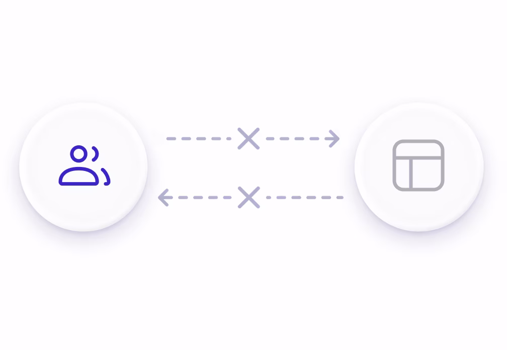 People and page icons linked by crossed arrows, showing a broken connection