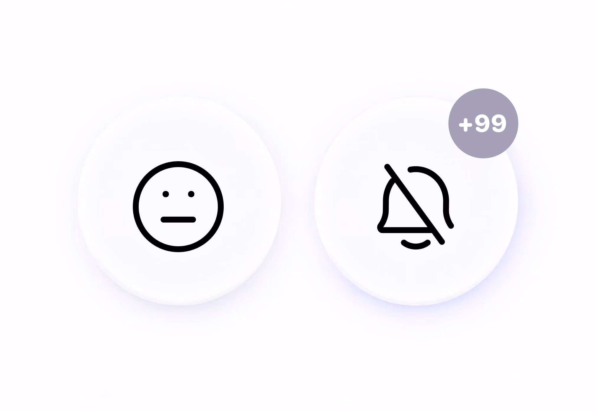 A neutral face beside a muted bell carrying a plus ninety-nine badge