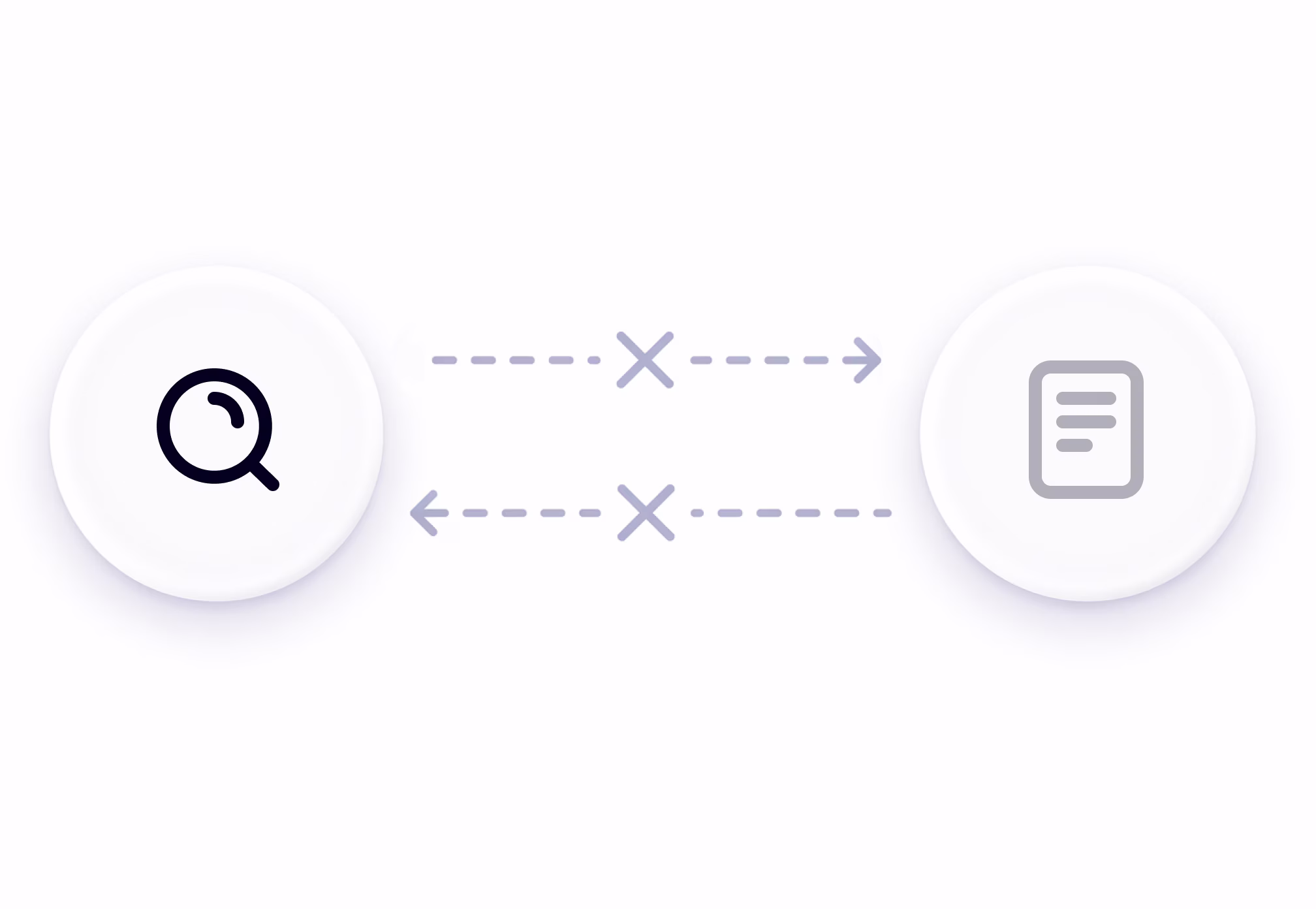 A search icon with two crossed-out paths to a list of results